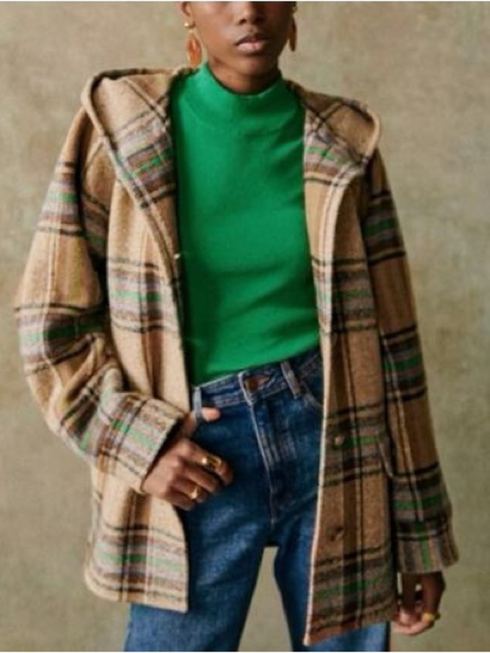SEZANE NWT Tan Brown Green Orange Plaid Hooded Wool Cotton Suzon Coat Jacket